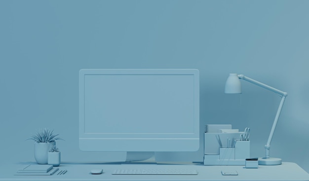 pastel blue monochrome office table desk idea concept for study desk and workspace  3d render