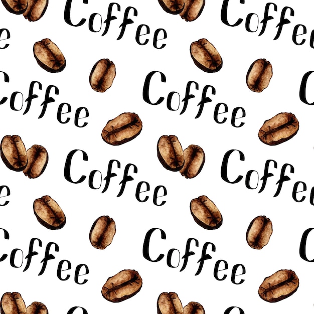 Pattern lettering coffee and beans watercolor