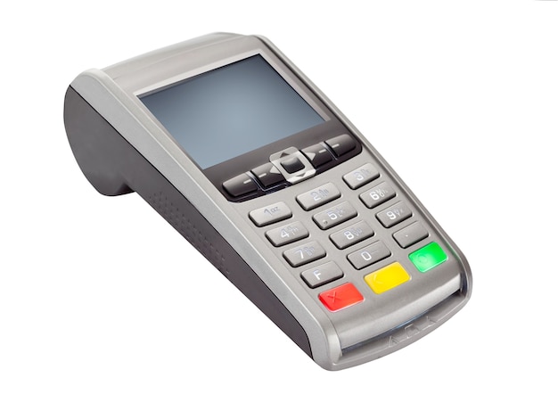 Payment Terminal for credit card payments isolated on white background. POS terminal