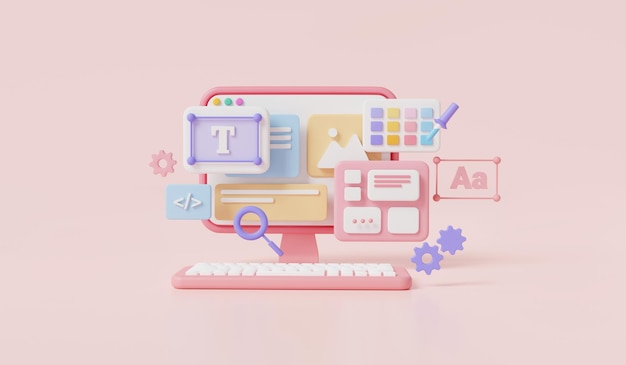 Pc computer web UIUX design with user interface web development coding programming software development web design concept banner landing page 3d render Illustration on pink background