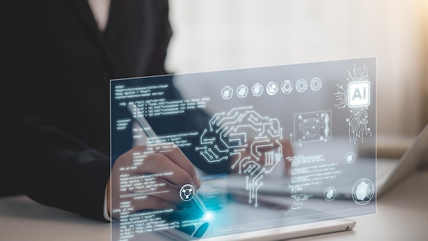 people using technology AI for working tools Chatbot Chat with AI using technology smart robot AI artificial intelligence to generate something or Help solve work problems