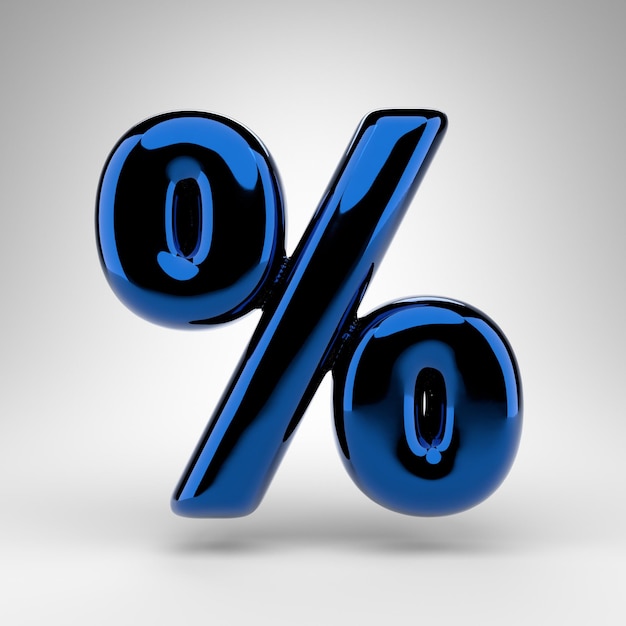 Percent symbol on white background. Blue chrome 3D rendered sign with glossy surface.