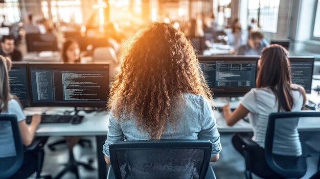person behind of a multimonitor computer or one pc work with graphs or chart and data analysis