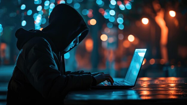 Person in a hooded jacket from behind working on a computer with multiple screens displaying complex coding software