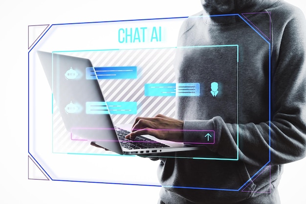 Person using laptop with chat AI interface on holographic screen