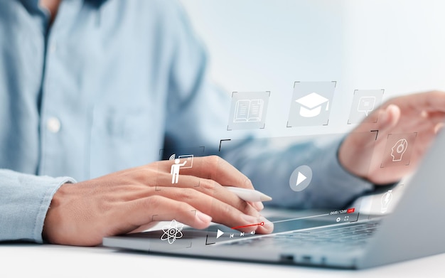 Person who attends online lessons on a digital screen Education on internet elearning concept Education internet Technology