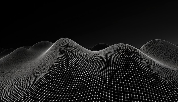 Perspective distorted black grid Digital background with wireframe wave
