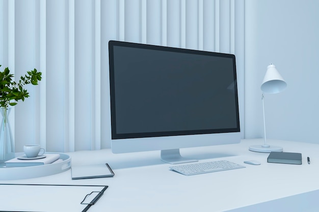 perspective view on blank dark monitor screen with place for your logo or text in modern office with white table surface white lamp and green plant on slatted wall background 3d rendering mock up