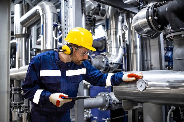 Petroleum refinery worker standing by pipes and checking production of gasoline