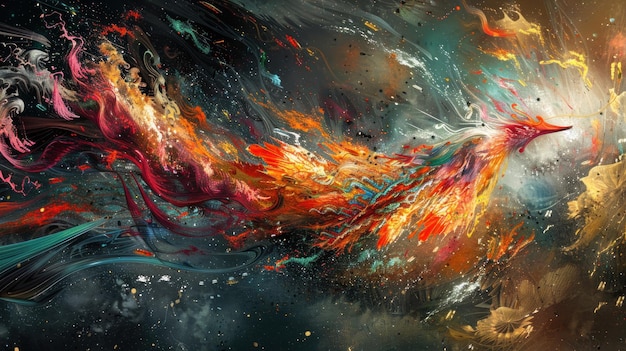 phoenix flying through space colorful paint splashes and swirls detailed digital art
