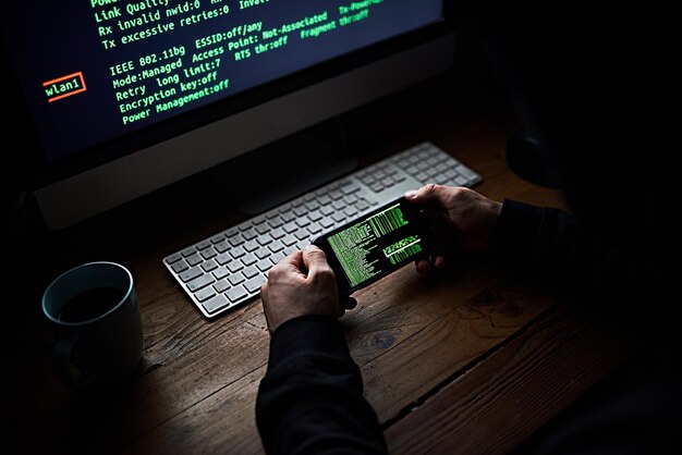 phone programmer hands and code screen with software for hacking crime or cyber security download or virus hacker person and thief with digital database for online glitch with web phishing