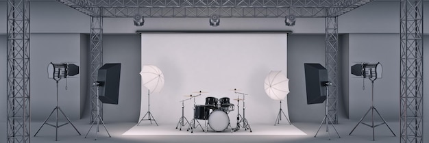 photo studio with a black drum set. 3d rendering