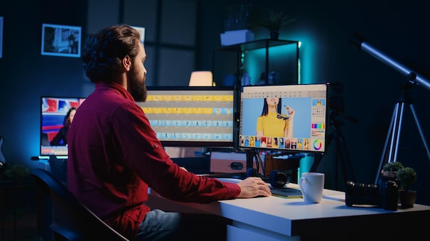 photographer arriving at work starting shift by using image editing software on pc display in multimedia creative studio photo editor drinking coffee and using photographs retouching program