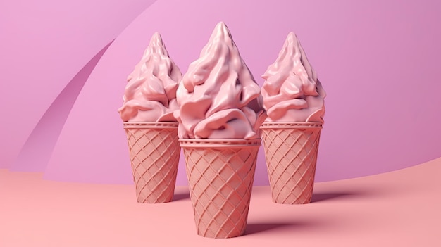 photorealistic surrealism style ice cream cones displayed on a colour pastel backdrop creating an artistic composition generative ai