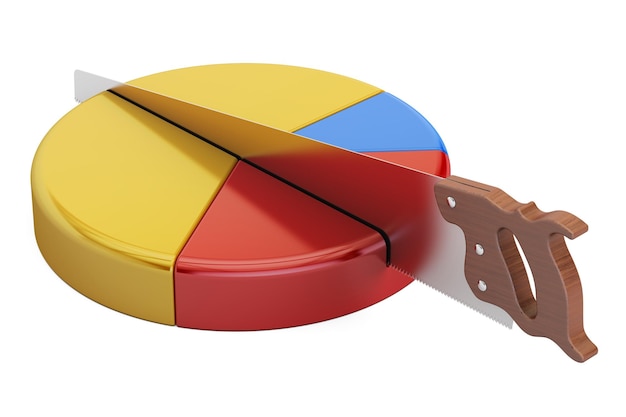 Pie chart with cutting saw Financial risk concept 3D rendering