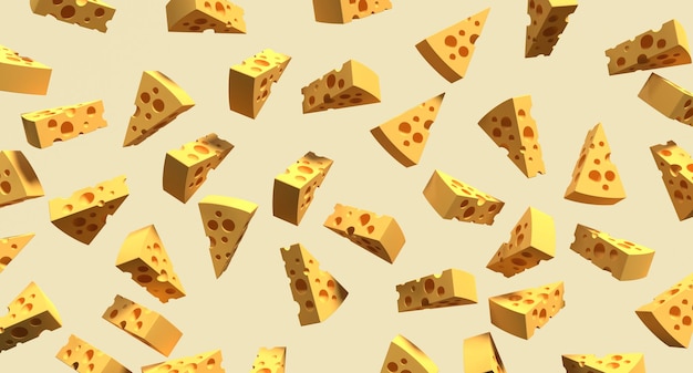 Pieces of cheese icon Cheese pieces on yellow background 3D render of a cheese Cheese concept Banner with food 3D rendering