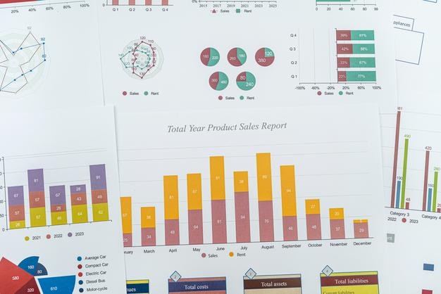 Pile of chart graph paper Financial account statistics concept Paperwork