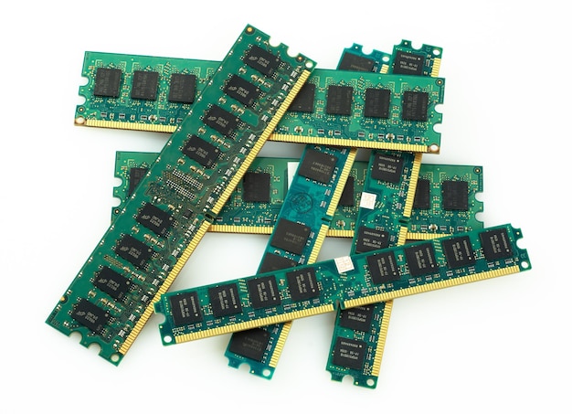 Piled up in a heap RAM modules for computer isolated on white background