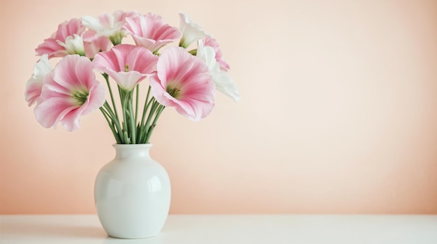 pink and white flowers in a white vase