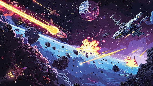 pixel art epic space battle scene