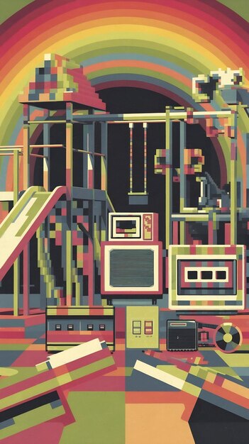 Pixelated Retro Electronics Display In A Colorful Abstract Playground