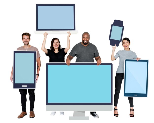 Png Diverse people with various digital device transparent background