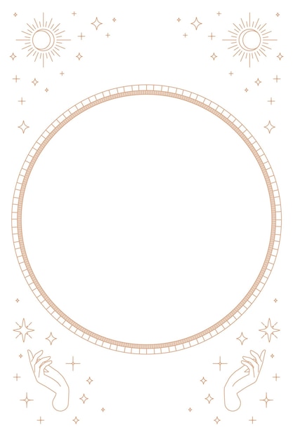 Png two mystic hands round frame linear style in brown