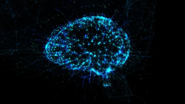 Polygonal brain shape with glowing lines and dots