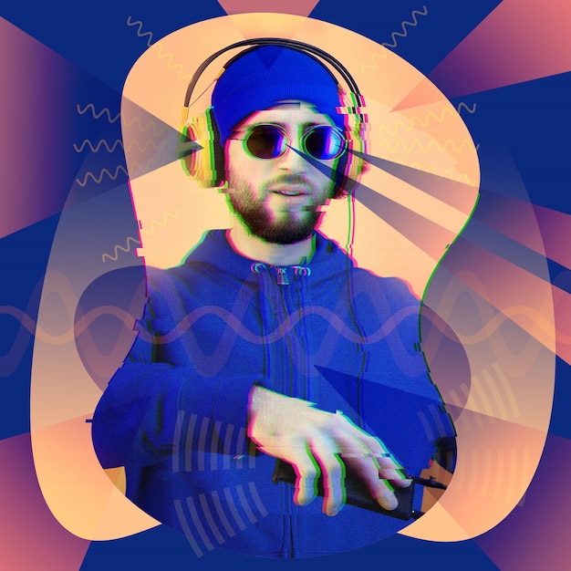 pop art style collage. funky bearded hipster dj in headphone and sunglasses. listening streaming music in smartphone player app. contemporary art poster. rave music nightclub party. minimal concept.