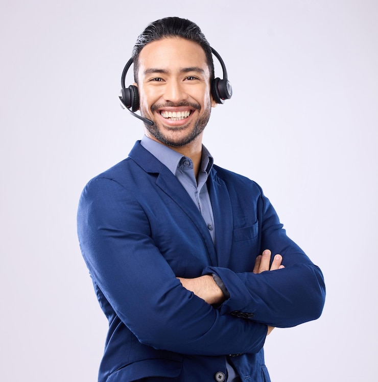 Foto portrait customer service and arms crossed with a man consultant standing in studio on a gray background contact us support and headset with a male telecom worker ready to help for assistance