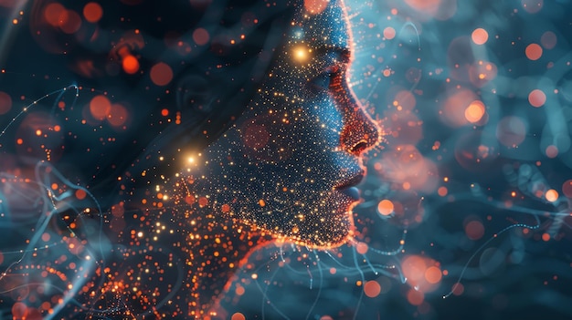 portrait of a woman made of glowing particles