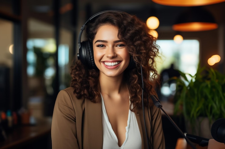 Foto portrait of beautiful young woman with headphones talking in mic at radio station