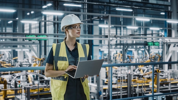 Portrait of Female Automotive Industry 40 Engineer in Safety Uniform Using Laptop at Car Factory Facility Confident Assembly Plant Specialist Working on Manufacturing Modern Electric Vehicles