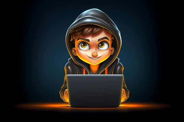 Portrait of successful programmer game developer or coder guy in uses computer laptop for work Game design Hacker boy Generative Ai Cyber Gamer