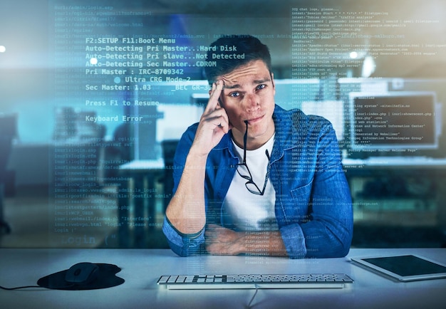 Portrait programmer and man in office night and overlay of interface keyboard and software Dark dashboard and coder for agency information technology and ideas for programming of data in web