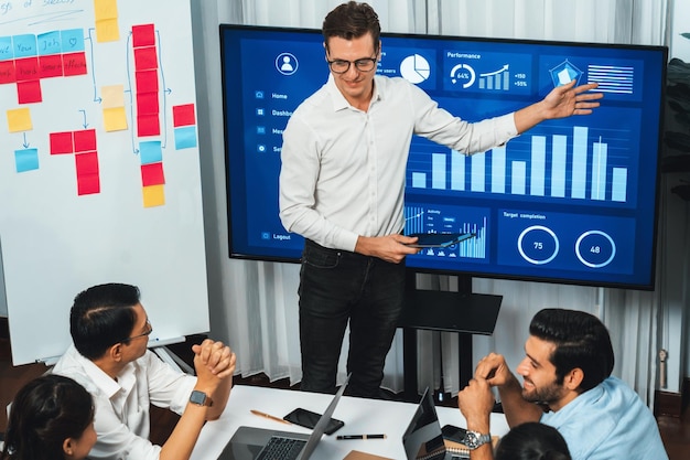 Presentation in office or meeting room with analyst team Prudent