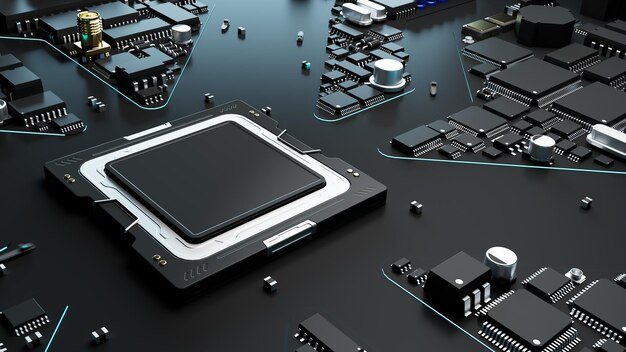 Printed circuit board with chips 3D illustration on technology and automation