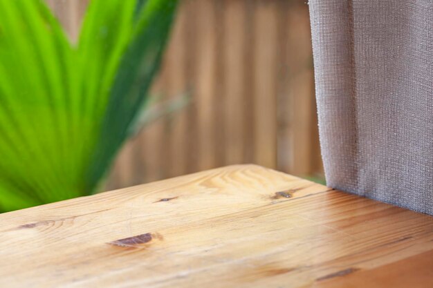 Product photography background with wooden table and curtain