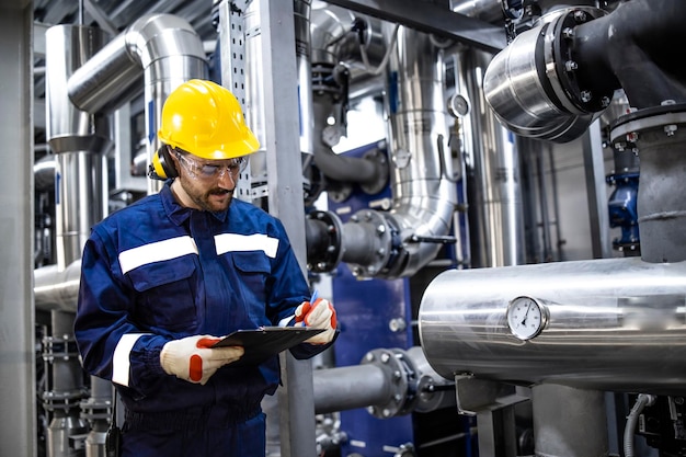 Professional worker in protective uniform and hardhat checking pressure inside refinery plant
