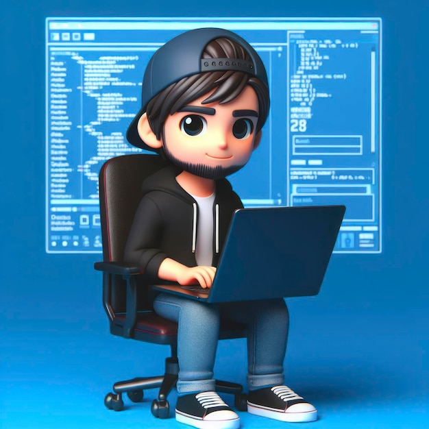 programmer 3d character game developer or coder guy in uses computer laptop ai generative