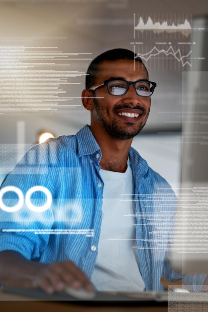 Programmer overlay and happy man on computer for cybersecurity website development and coding Cloud research smile or IT technician typing code for online data software algorithm or programming