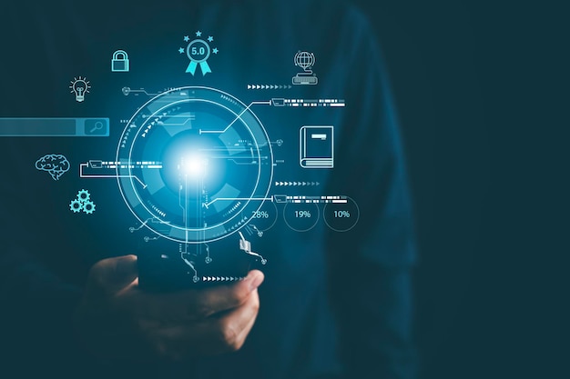 Programmer people working laptops or smartphones with AI artificial intelligence software engineer coding on laptop computers with technology icons and binary code big data Ai bot digital machine
