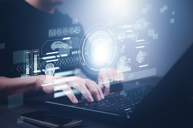 Programmer people working laptops or smartphones with AI artificial intelligence software engineer coding on laptop computers with technology icons and binary code big data Ai bot digital machine