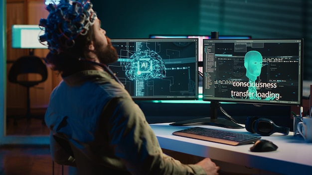 programmer using eeg headset to upload his mind into pc attaining immortality