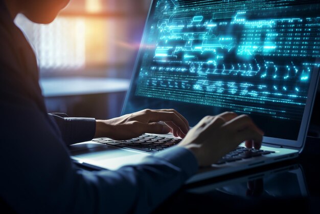 Programmer working on their professional development types on a laptop computer keyboard