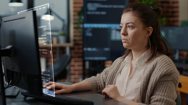 Programmer writing complex code, fixing errors, and ensuring company software functionality. Developer with expertise in computer science enabling encryption, improving business cybersecurity
