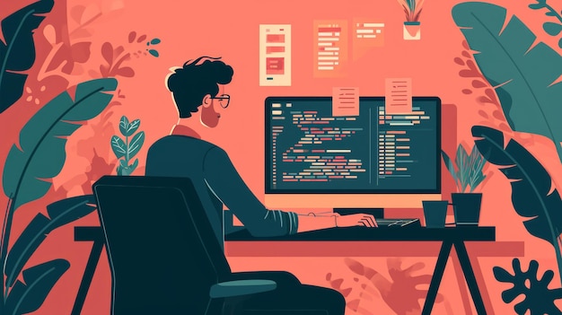 Programmerer arbejder på computer Programmerer koder og programmerer kode Programmerer på arbejde Programmerer på arbejde illustration Generativ AI