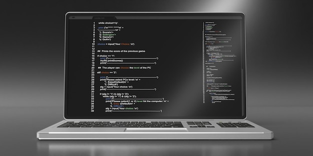 Programmeringskode på en laptop skærm sort baggrund 3d illustration