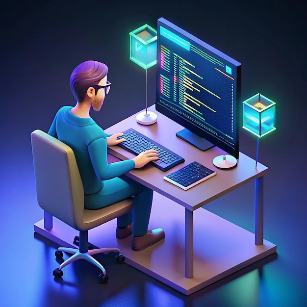 Programmeringsudvikler, der skriver script-kildesprog, kodningssymboler, ikonudviklingsprojekt, dataprogrammeringssoftware engineering IT-teknologier computer 3d-gengivelse