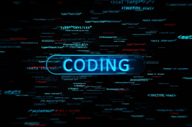 Programming binary code with digital coding sign on dark technological background 3D rendering